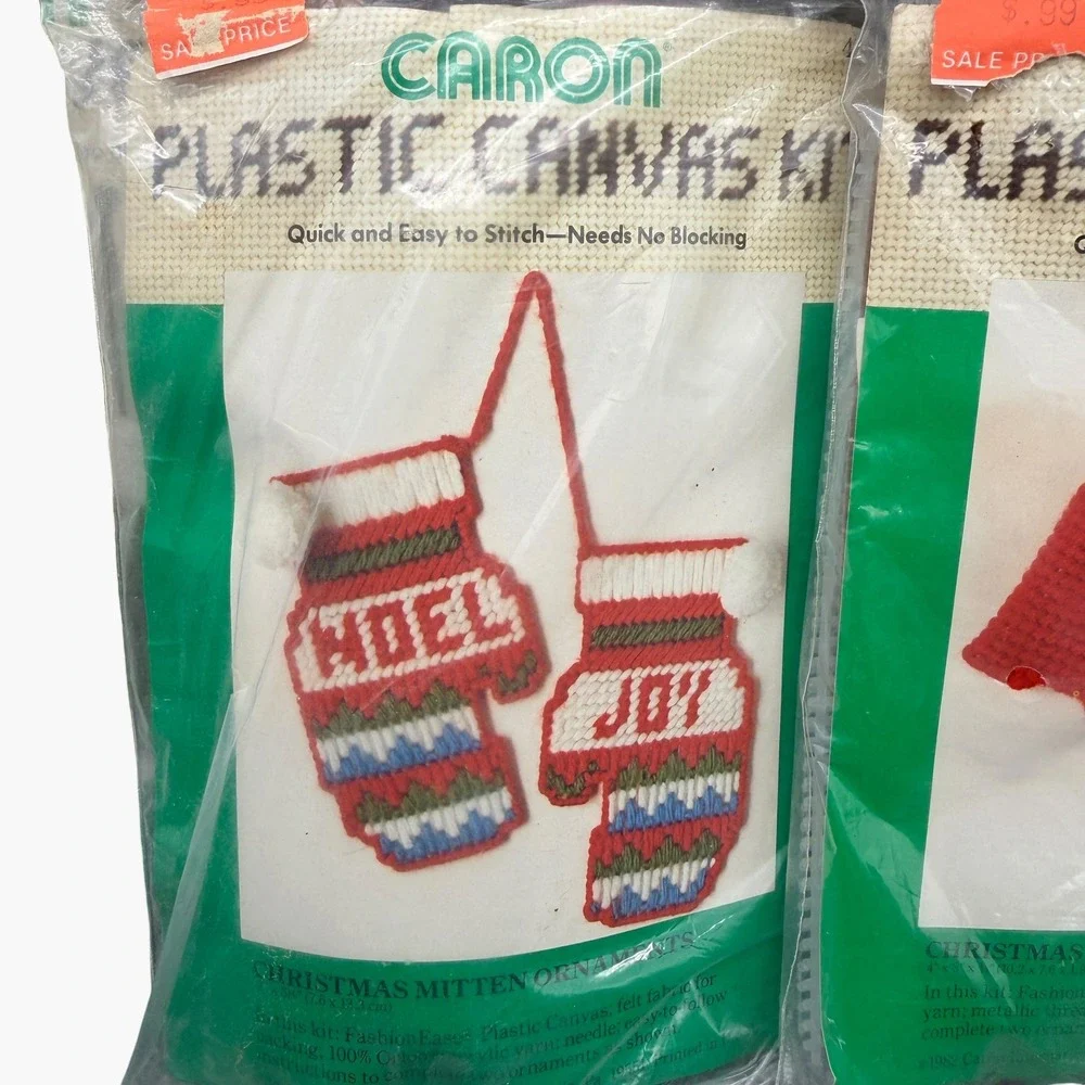 Vintage 1982 Caron Plastic Canvas Kit Lot 3 Christmas Boots Mitten Ornaments DIY
